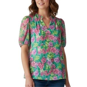 JODIFL Pink Green Floral V-Neck Ruffle Puff Sleeve Chiffon Blouse Top Large